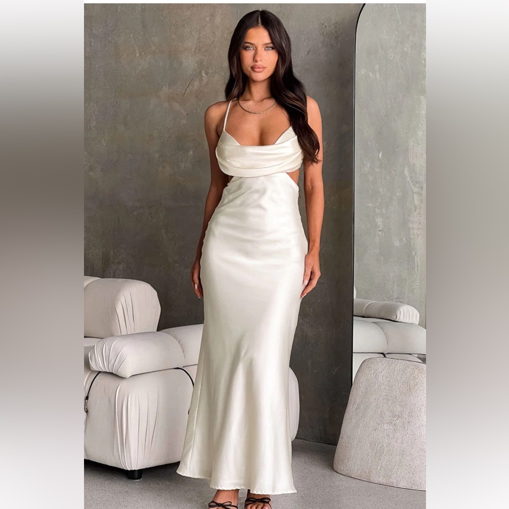 Astr the Label Taleah Cut Out Satin Maxi Dress Cowl Neck Cream - Size Small